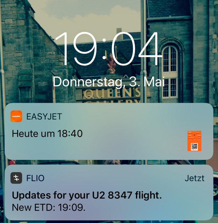 This is a screenshot from our CMO, Roman Bach, showing a more accurate flight alert from FLIO than the airline: "Always surprised about how much service I receive from<a href="https://twitter.com/getflio"> @getflio</a>. While<a href="https://twitter.com/easyJet"> @easyJet</a> is stubbornly insisting on being on time,<a href="https://twitter.com/hashtag/FLIO?src=hash"> #FLIO</a>carefully manages my expectations."